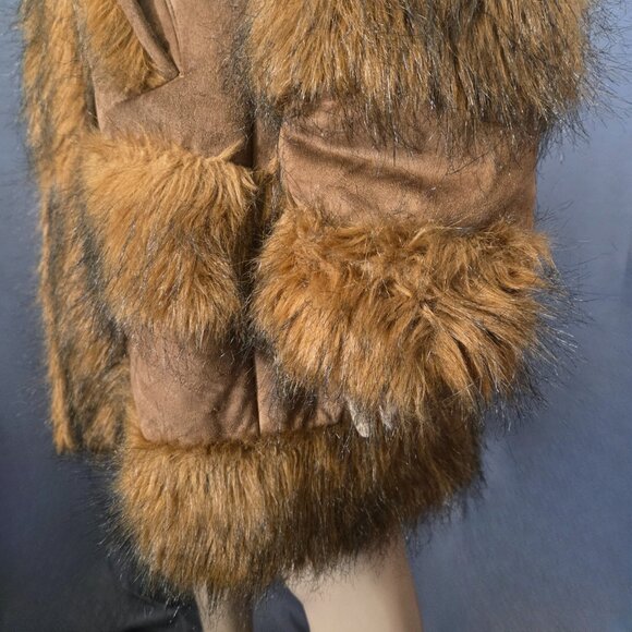 Vintage 60s 70s Penny Lane Coat Size M Boho Brown Faux Suede Faux Fur Mid Length - Picture 12 of 16